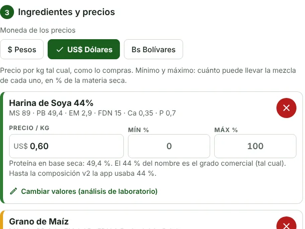 Paso de ingredientes y precios: harina de soya y grano de maíz con su análisis, precio por kg y límites